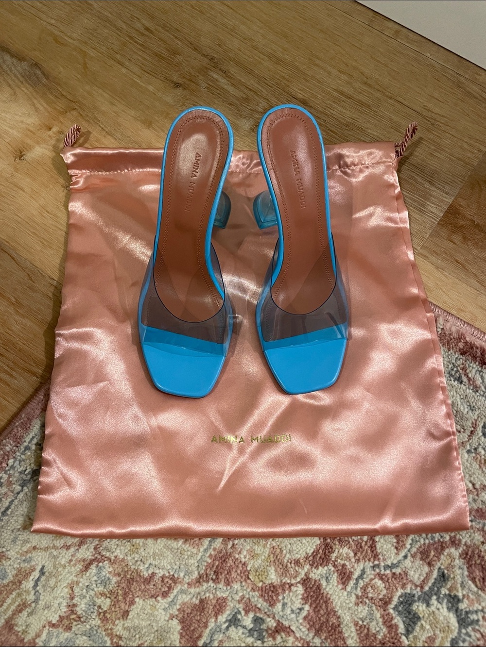 Amina Muaddi Lupita Blue PVC Square-Toe Mules Size 37.5